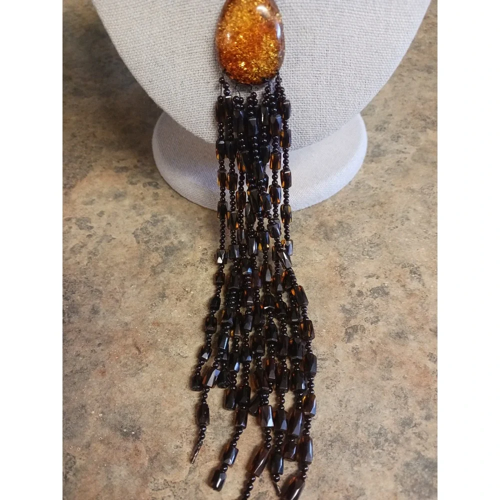 Vintage Amber Tassel Necklace Beaded Fringe Statement Boho Jewelry